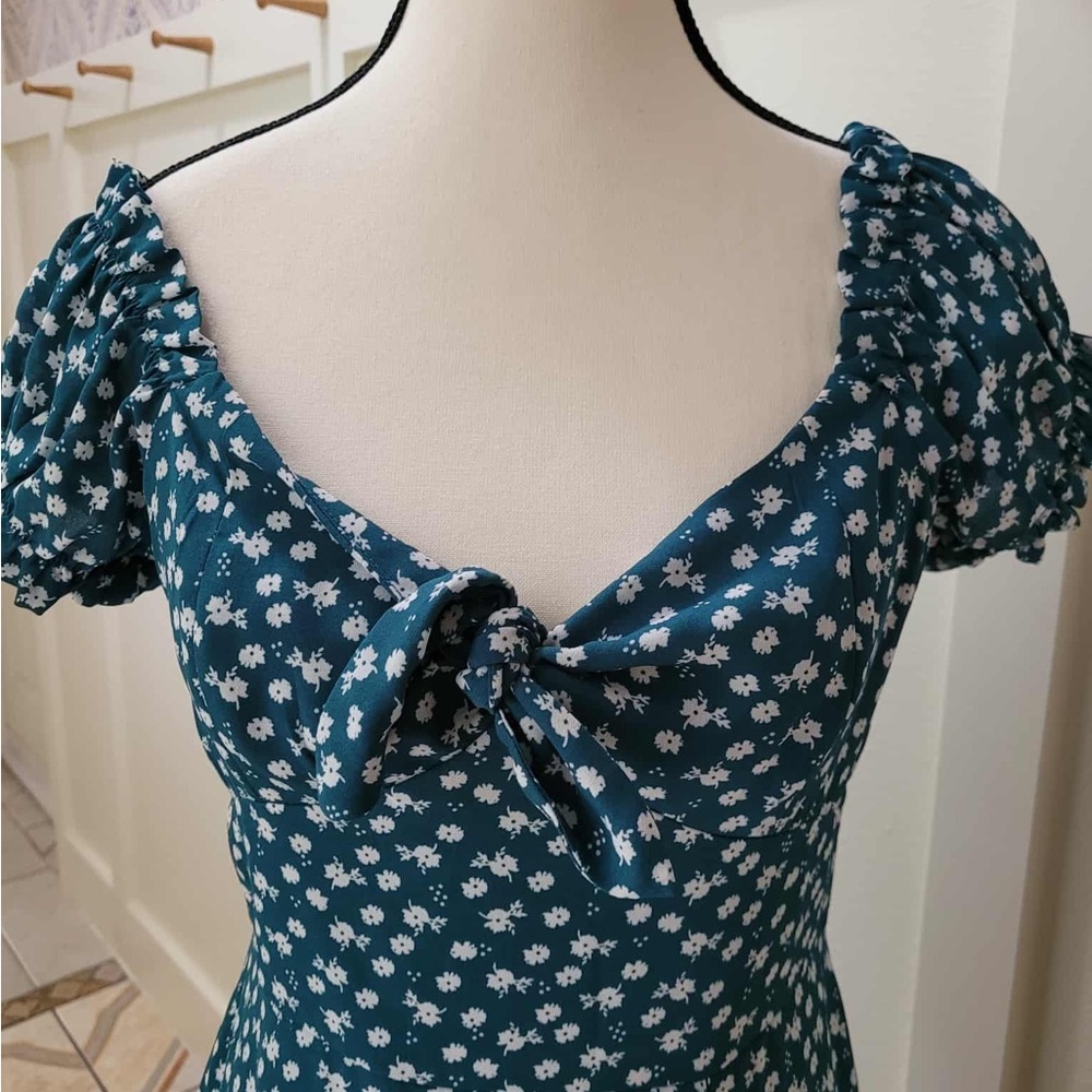 Francesca's Collections Teal Floral Puff Sleeve Mini Dress with Tie Neck - Picture 2 of 4